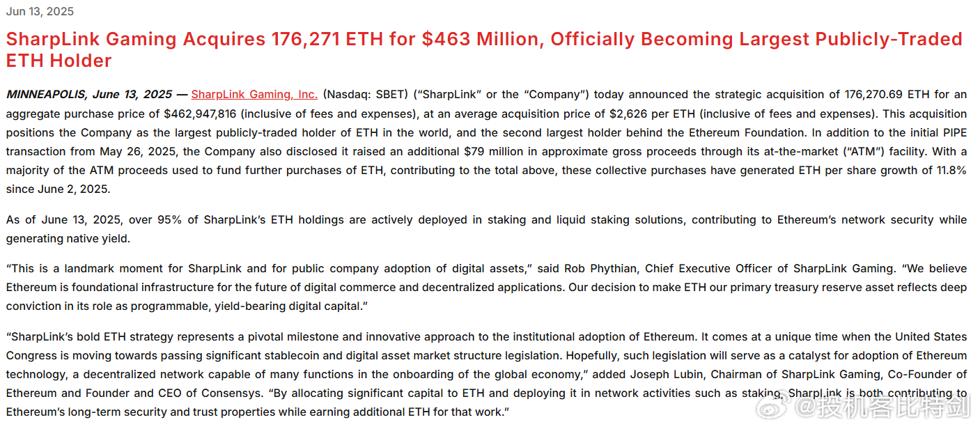SharpLink 游戏公司重磅出手，斥资 3560 万美元购入以太坊储备，持有量接近 10 亿美元