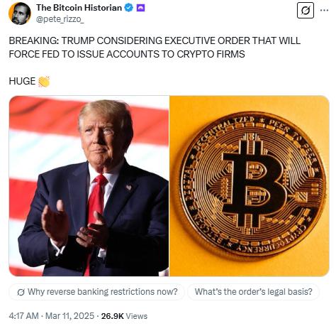 报道，特朗普政府执政期间加密货币公司积极寻求银行执照